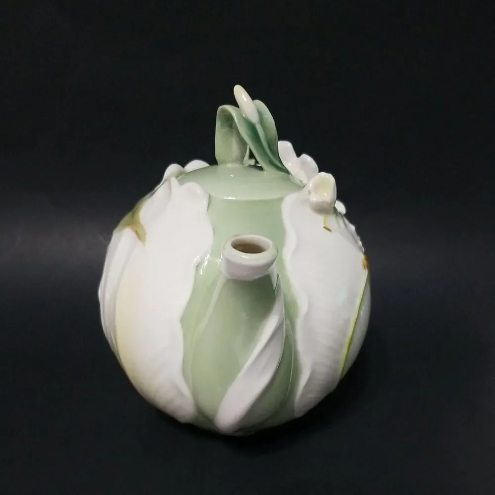 Pier 1 Imports Ginger Lily Teapot Floral Whimsical White‎ Porcelain Hand Painted